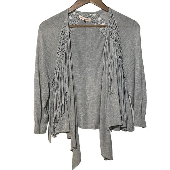 Rebecca Taylor Grey Open Front Long Sleeve Fringe Draped Cardigan Sweater - Picture 1 of 8